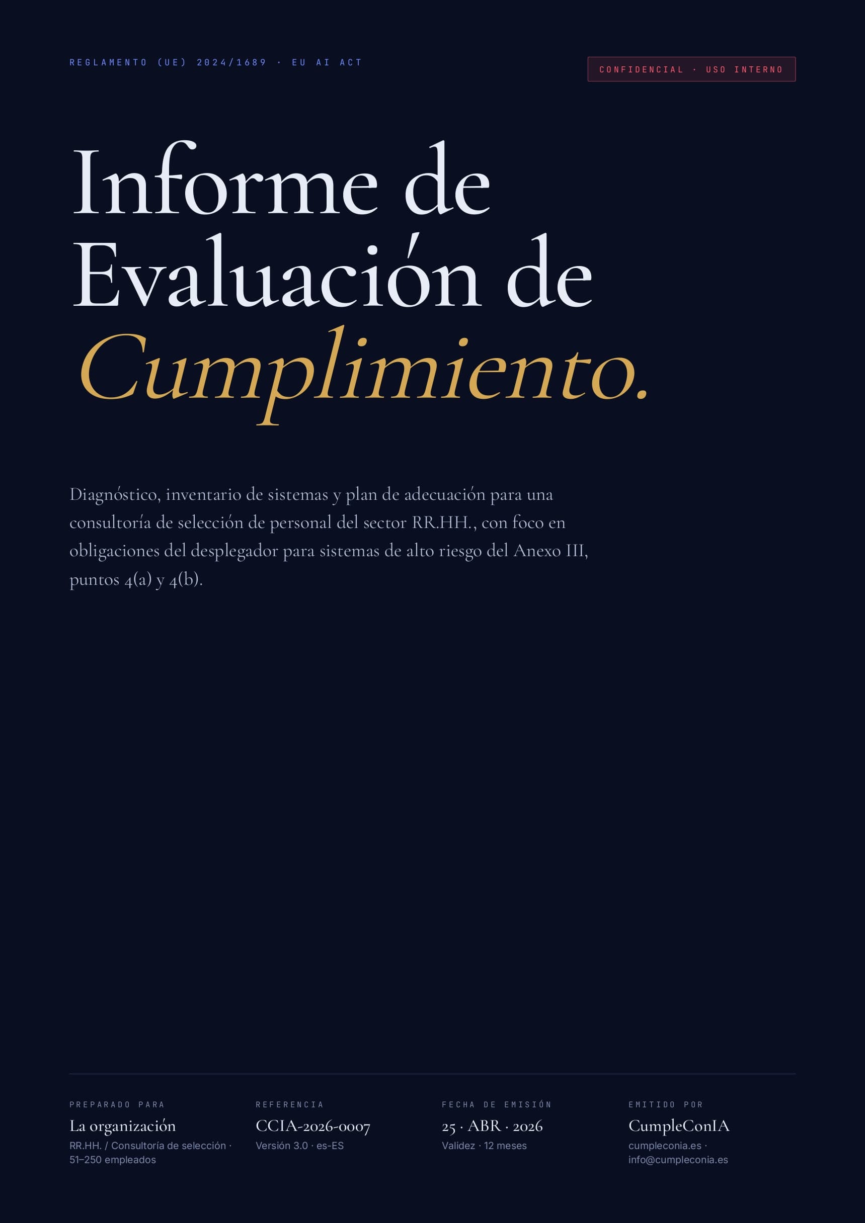 Página 1 del informe de ejemplo: Portada — Datos del cliente, referencia y emisor