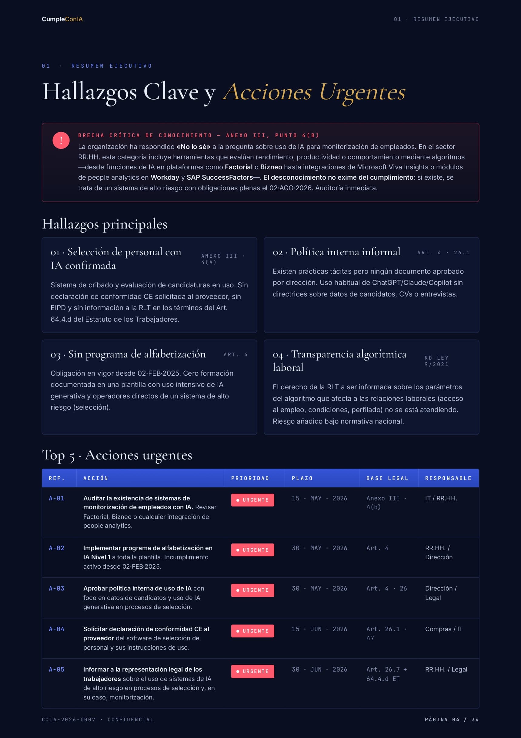 Página 4 del informe de ejemplo: Hallazgos urgentes — Top 5 acciones prioritarias con plazos y base legal