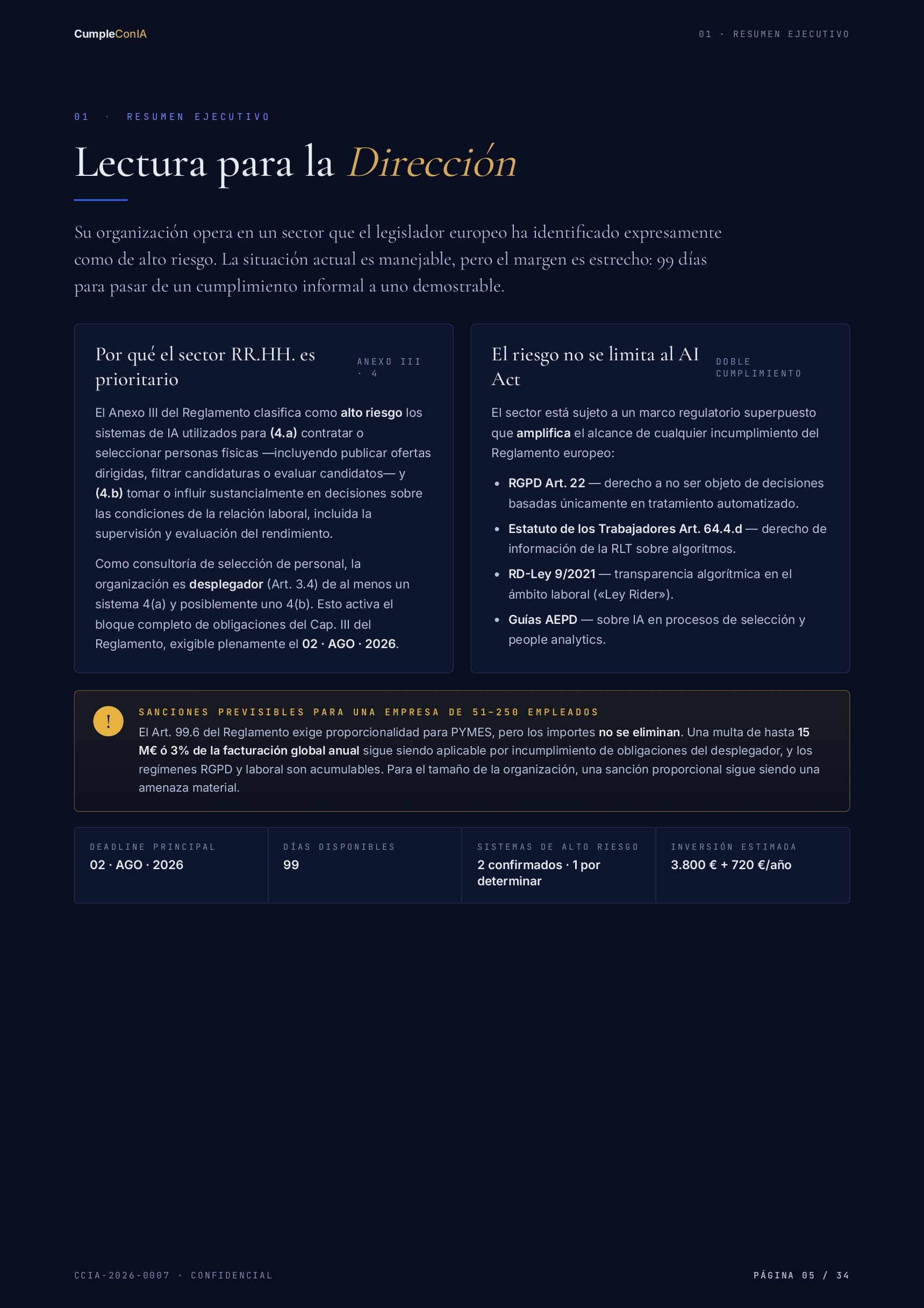 Página 5 del informe de ejemplo: Lectura para la dirección — Aplicación específica al sector y régimen sancionador